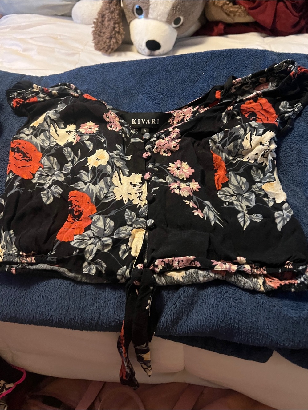 Kivari Black Floral Tie-Front Crop Top with Red and Cream Blooms